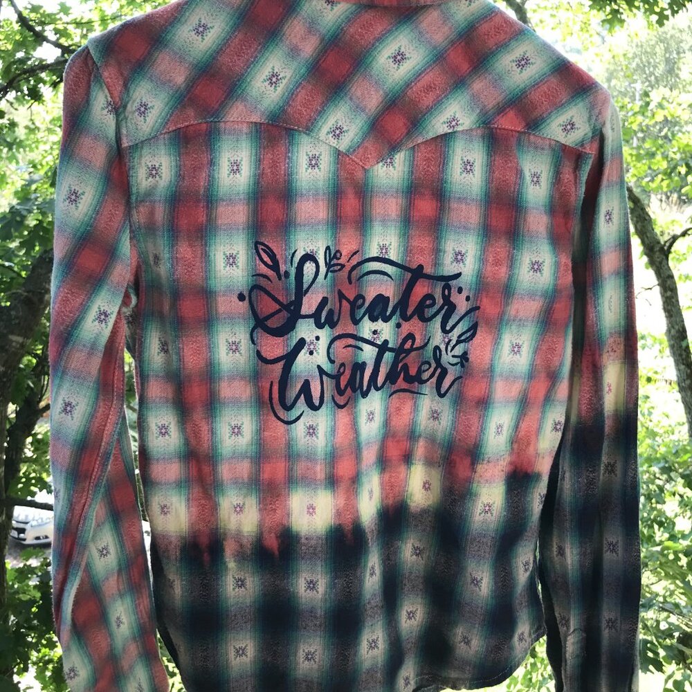 Ombre Bleached Flannel Shirt Upcycled Painted Sweater Weather Size Small - Picture 10 of 13